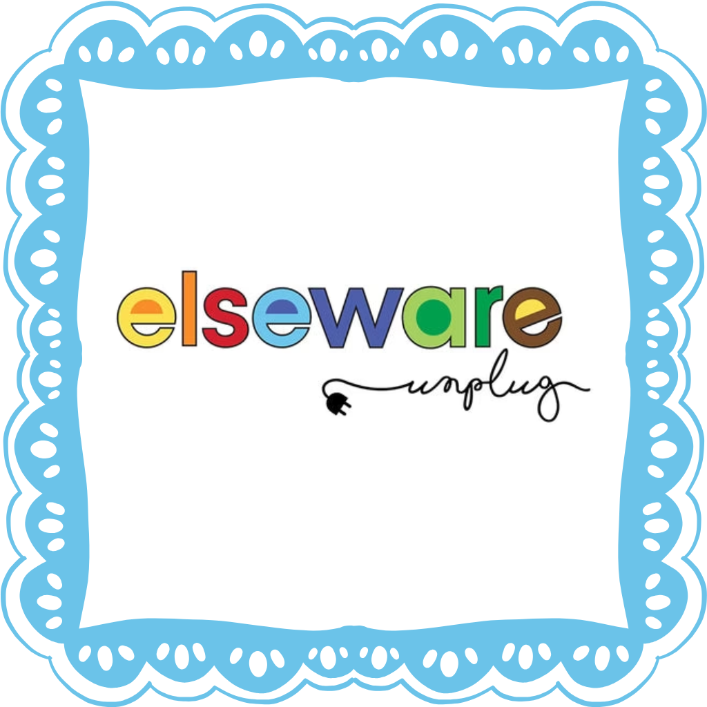 A logo for "Elseware Unplug" art supply company in rainbow colors, surrounded by a blue border.