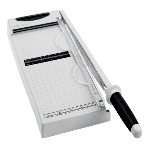 White paper trimmer with black handle on a white background