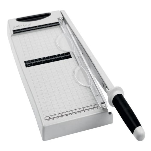 White paper trimmer with black handle on a white background