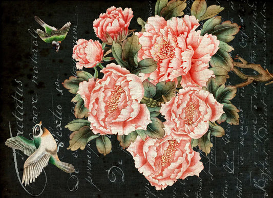 A 20" x 30" Roycycled decoupage paper called "Posh Floral", featuring pink peonies and birds against a black background with white script.