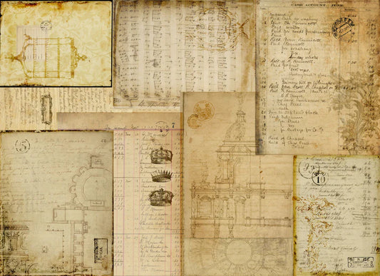 A 20" x 30" sheet of Roycycled decoupage paper called "Warm Typography", featuring worn pages of script on yellowed paper.