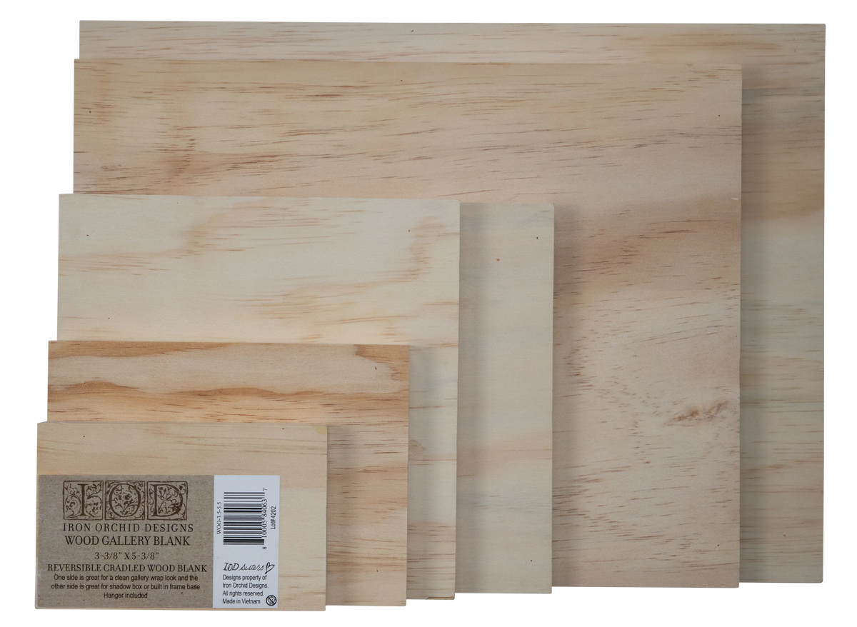 Six different sized wood gallery retangles with an IOD label and UPC code.