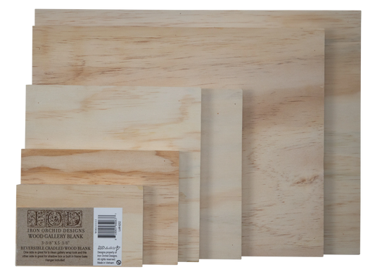 Six different sized wood gallery retangles with an IOD label and UPC code.