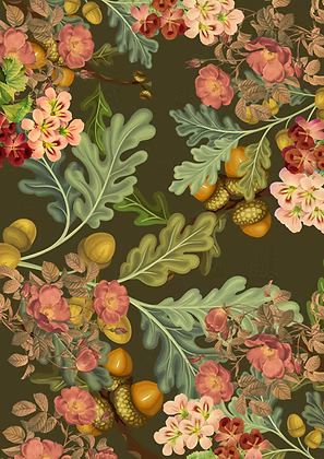 A Made by Marley decoupage paper called "Absolute Autumn" with floral and acorn pattern on a dark background.