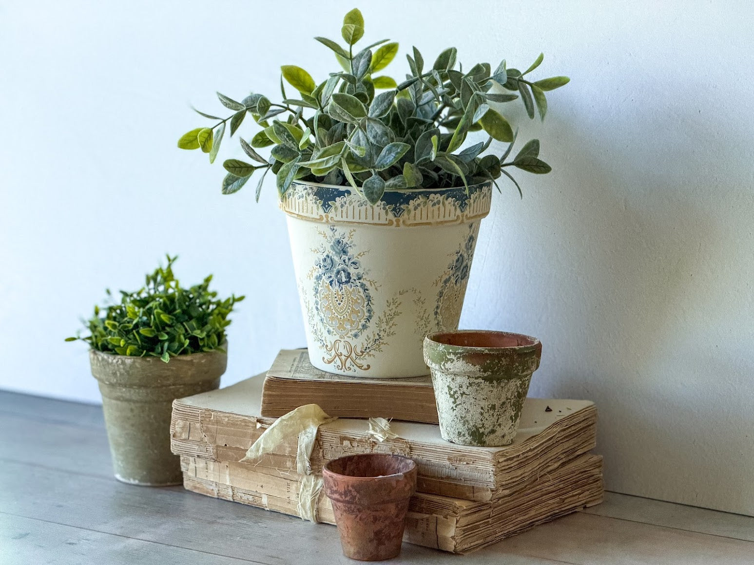 Decorative arrangement of plants in pots that have paint inlays on them.
