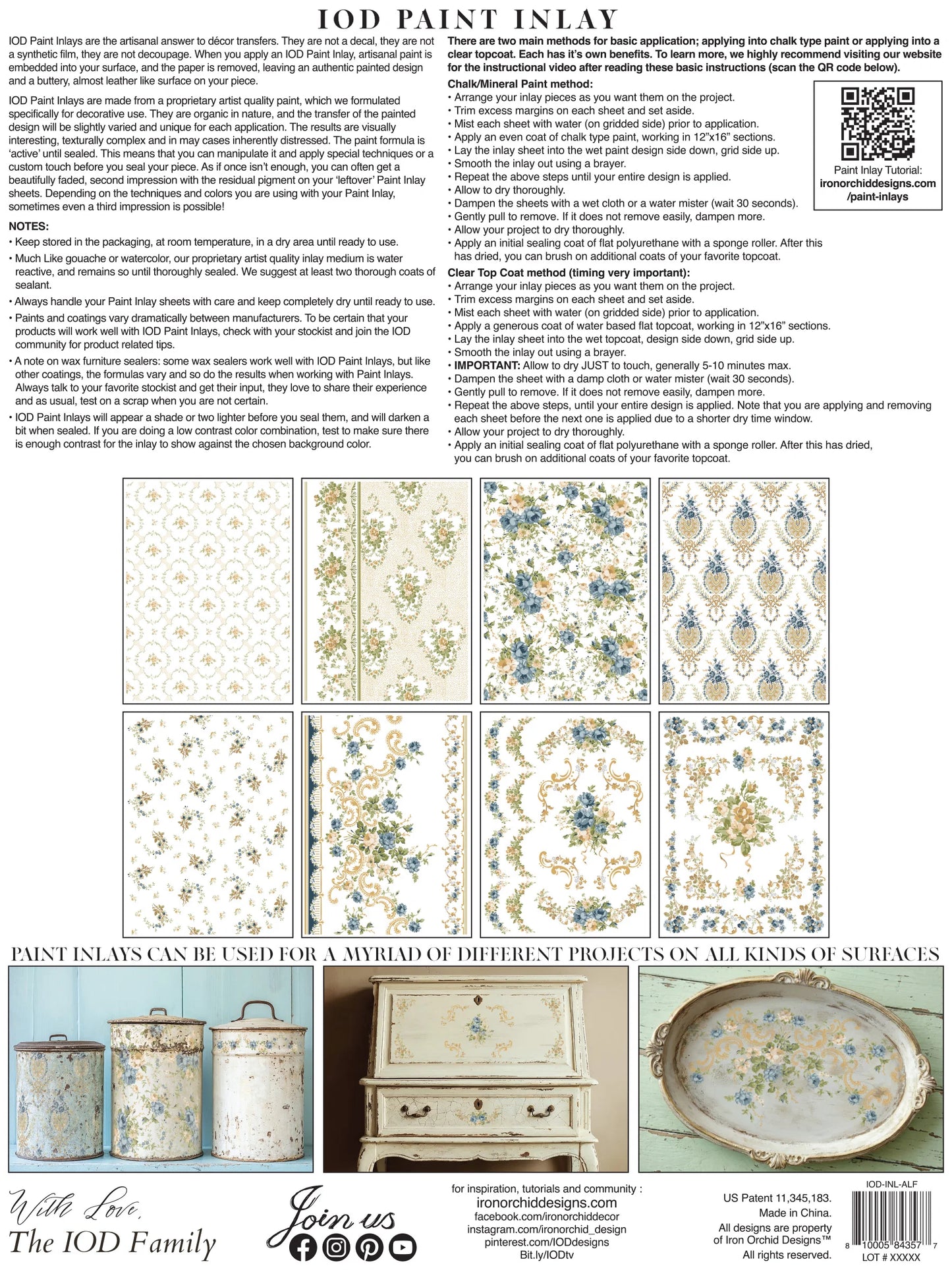 Back product of a paint Inlay product with decorative patterns and images of applied designs on surfaces.