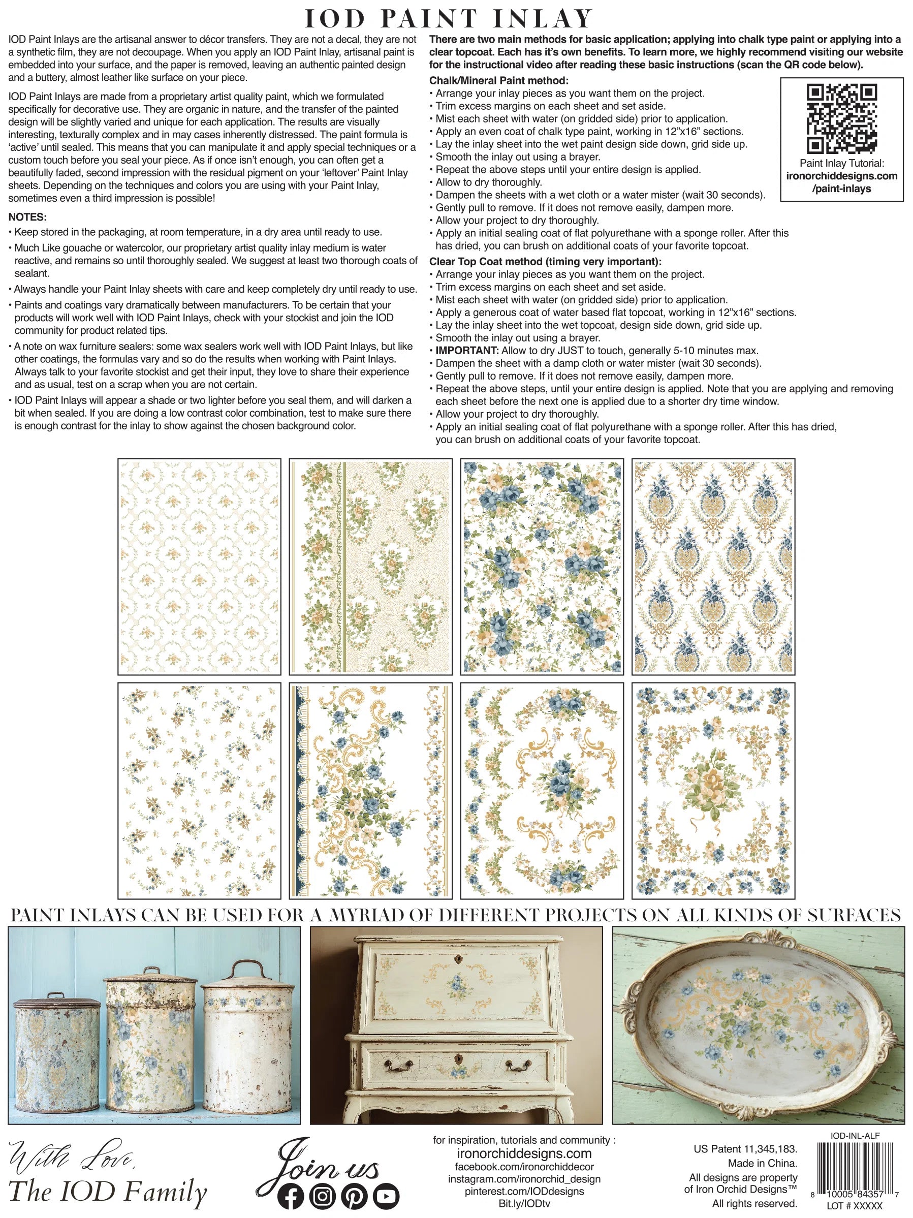 Back product of a paint Inlay product with decorative patterns and images of applied designs on surfaces.