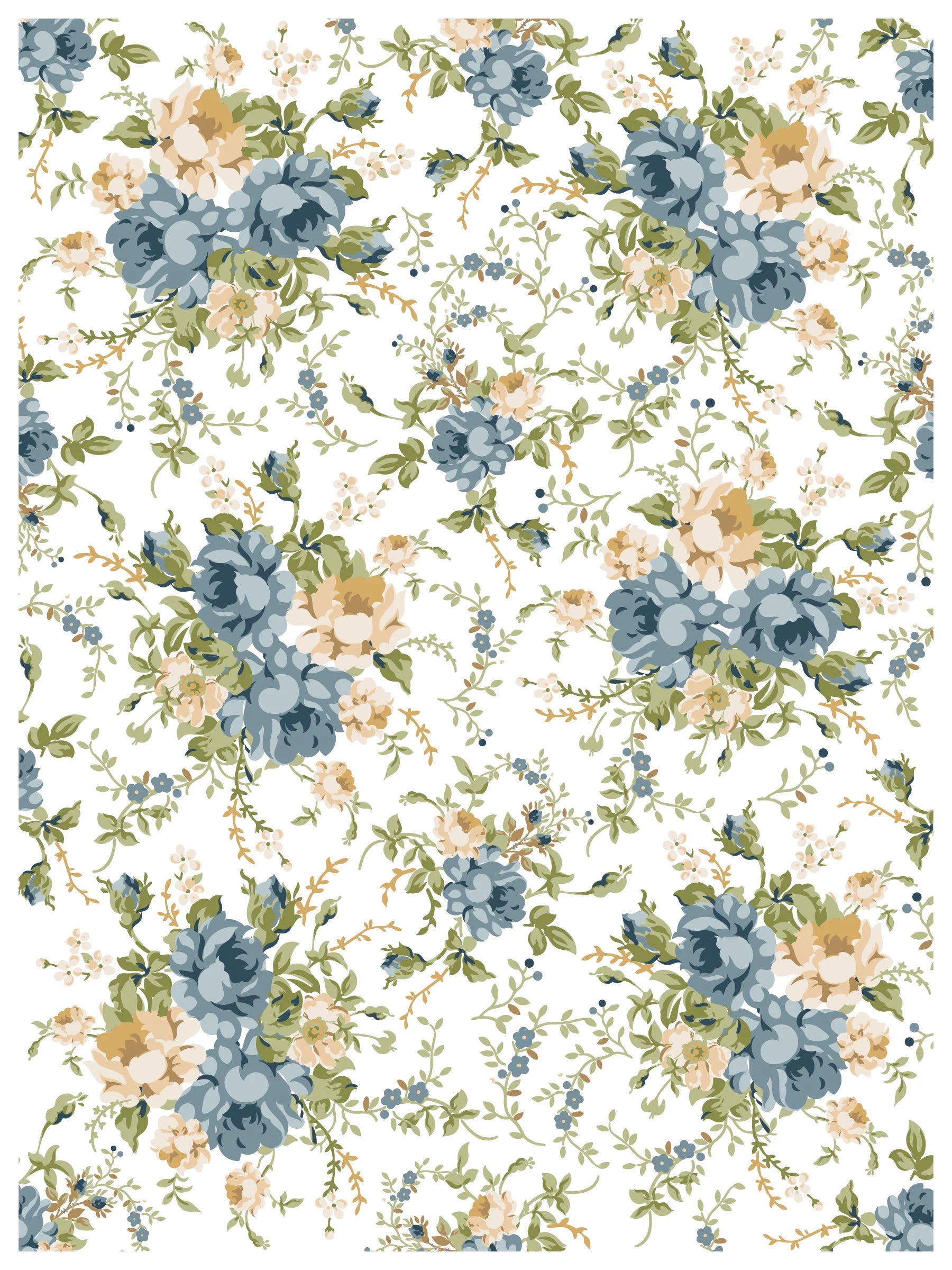 Paint inlay sheet of a pattern with blue and beige flowers on a white background