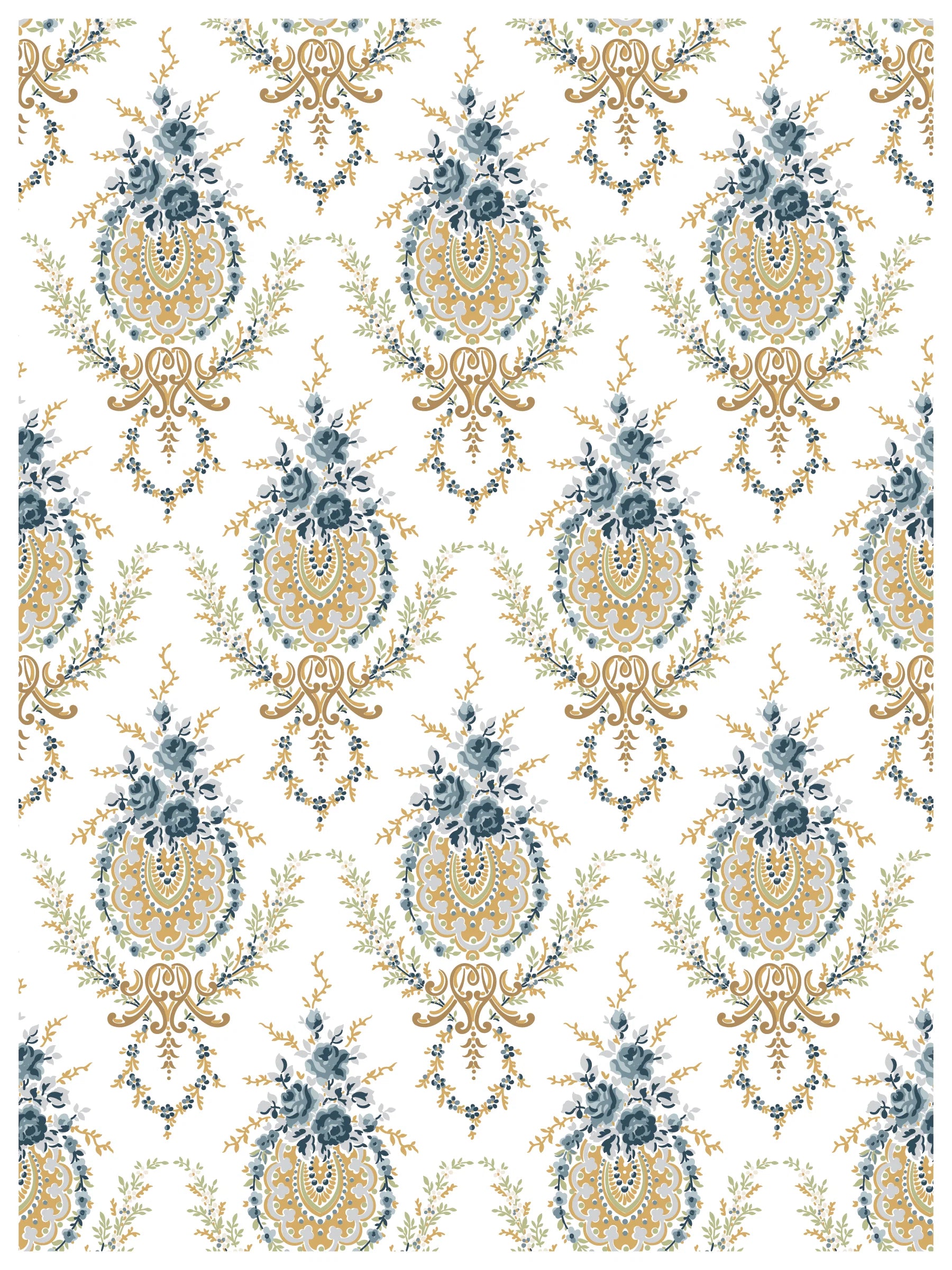 Paint inlay sheet featuring a decorative pattern with blue and gold elements on a white background
