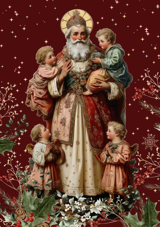 A decoupage paper with an illustration of a bearded man holding children against a festive background with stars and foliage.