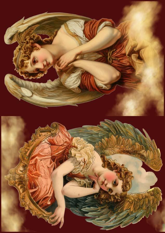 A decoupage paper of two angelic figures in classical style with detailed clothing and wings on a red background.