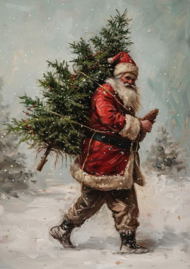 A decoupage paper of a vintage-style illustration of Santa Claus carrying a tree in a snowy landscape