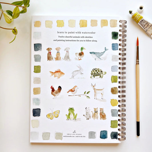 The back cover of the 'Animals" workbook by Emily Lex, displaying 12 practice illustrations