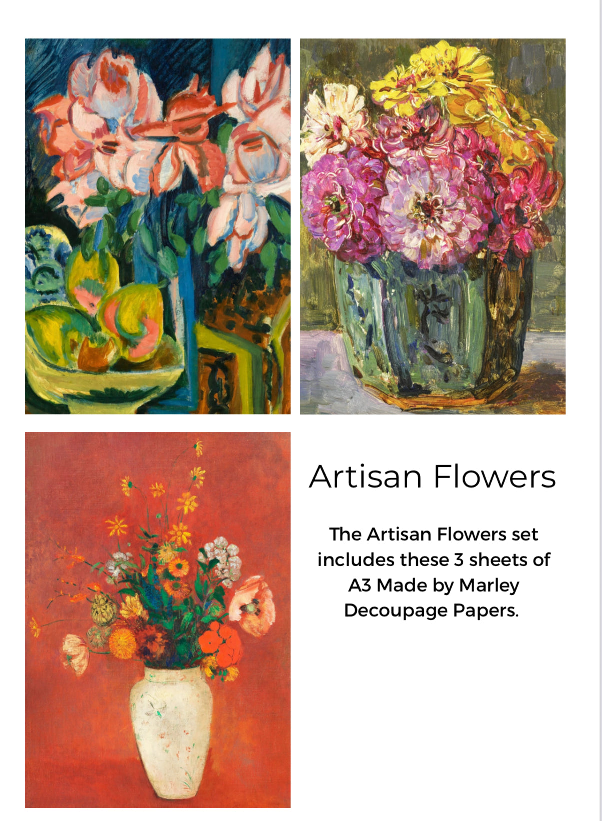 Three images of floral arrangements with text about Artisan Flowers set by Marley Decoupage Papers.