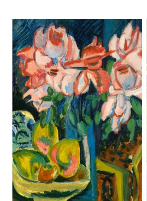 Decoupage papers with colorful floral painting with vibrant pink flowers and green leaves.