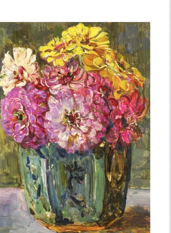 Decoupage paper featuring a painting of a vase with colorful flowers on a textured background