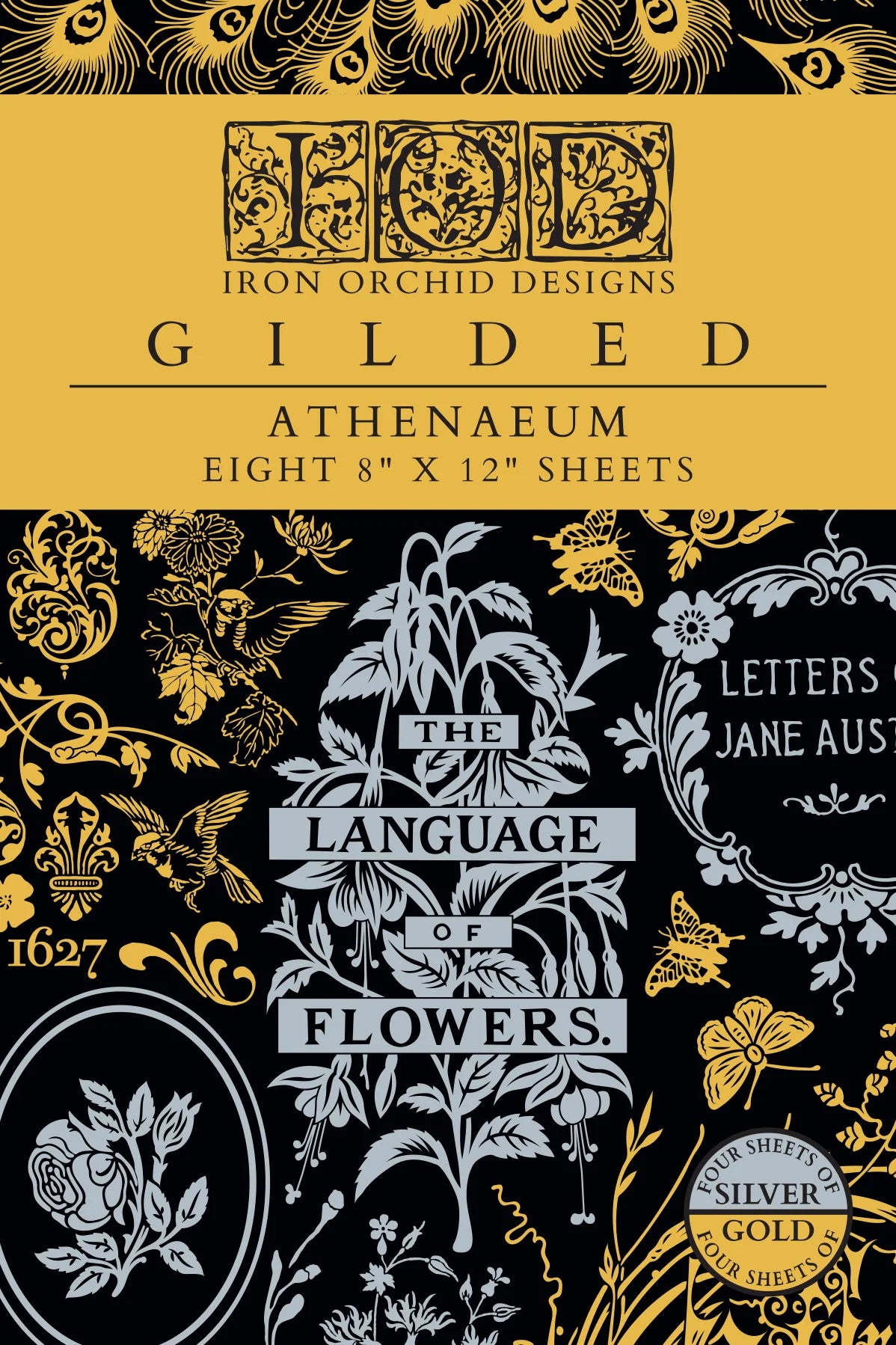 Front cover of Gilded Athenaeum IOD transfer with decorative design and text on a black and gold background