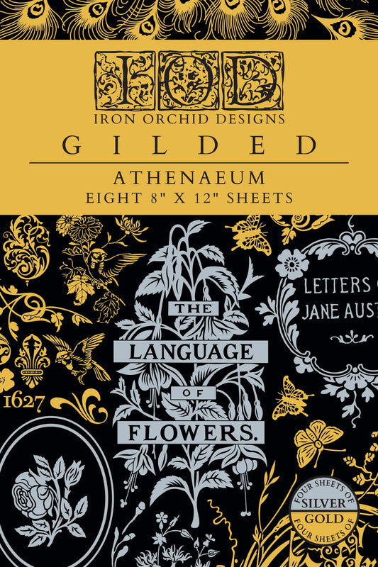 Front cover of Gilded Athenaeum IOD transfer with decorative design and text on a black and gold background