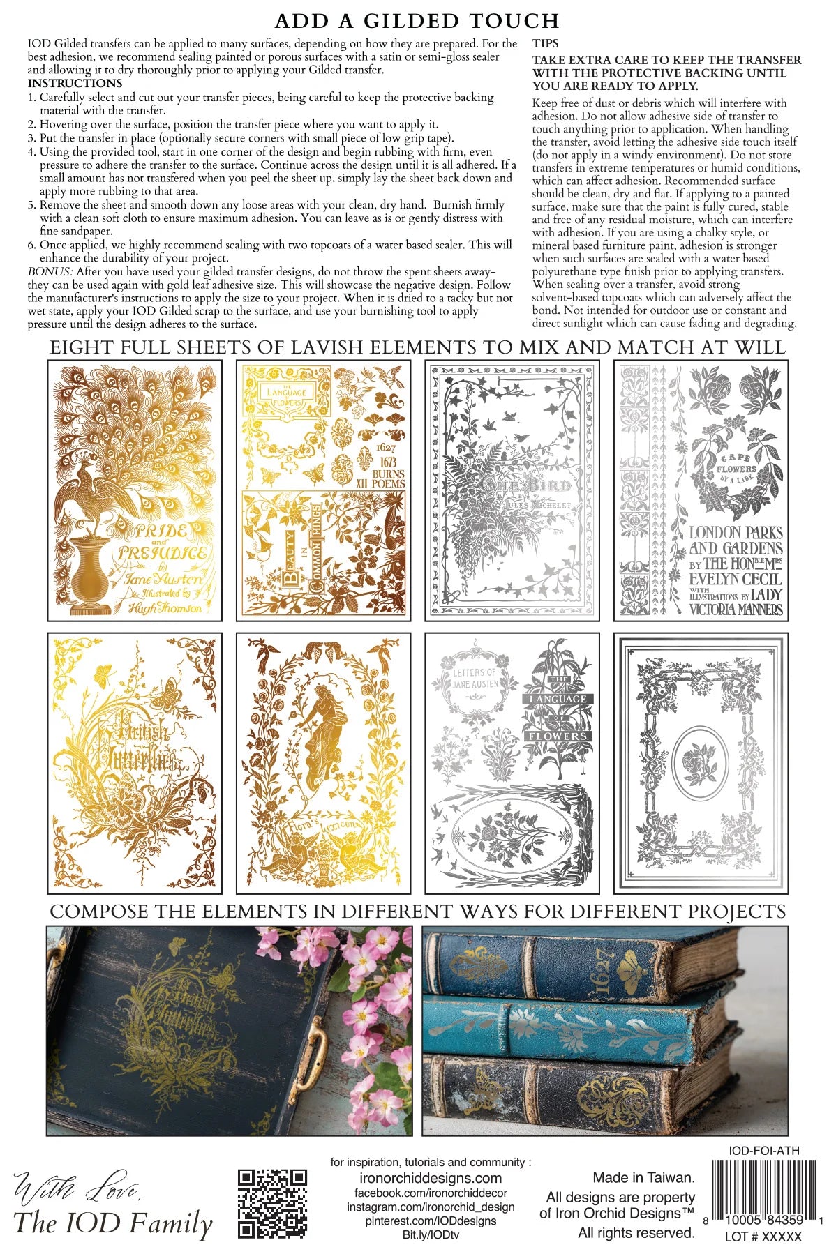 Back cover of gold foil transfer pad with gold and silver designs, text, and images of books and decorative elements.