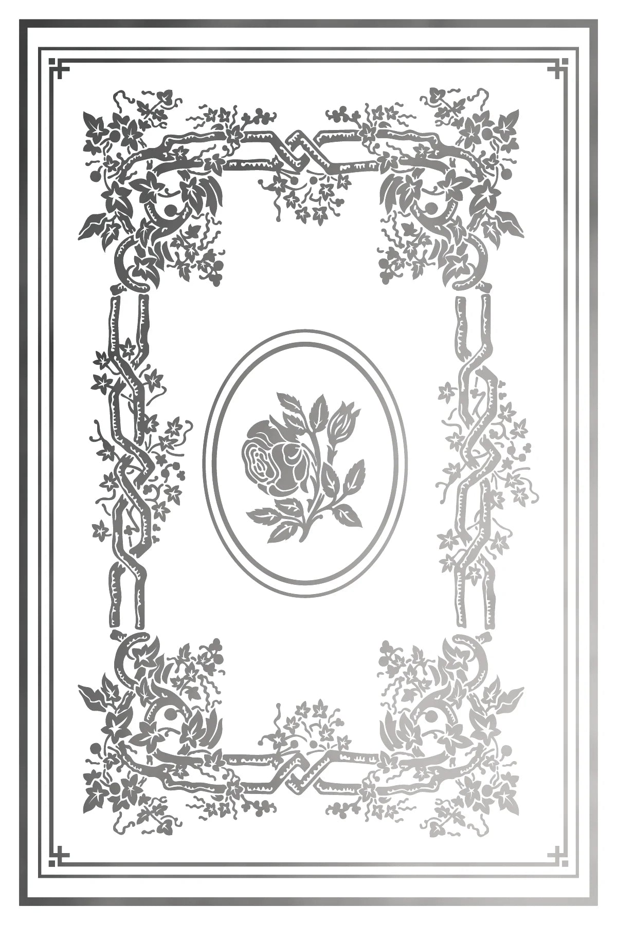 Silver foil transfer sheet with a decorative floral frame with a central rose design on a white background