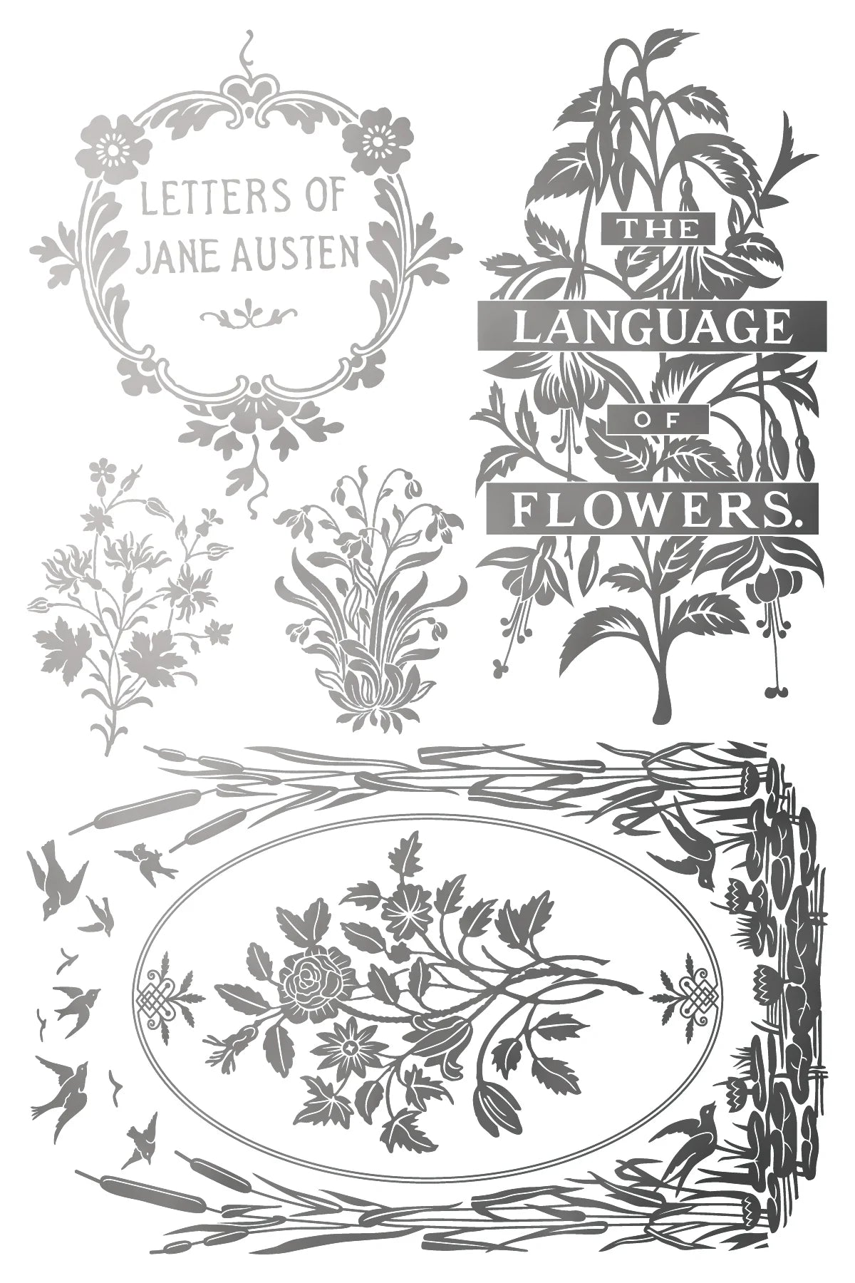 Silver transfer sheet with decorative elements with floral designs and text inspired by Jane Austen's 'The Language of Flowers'.