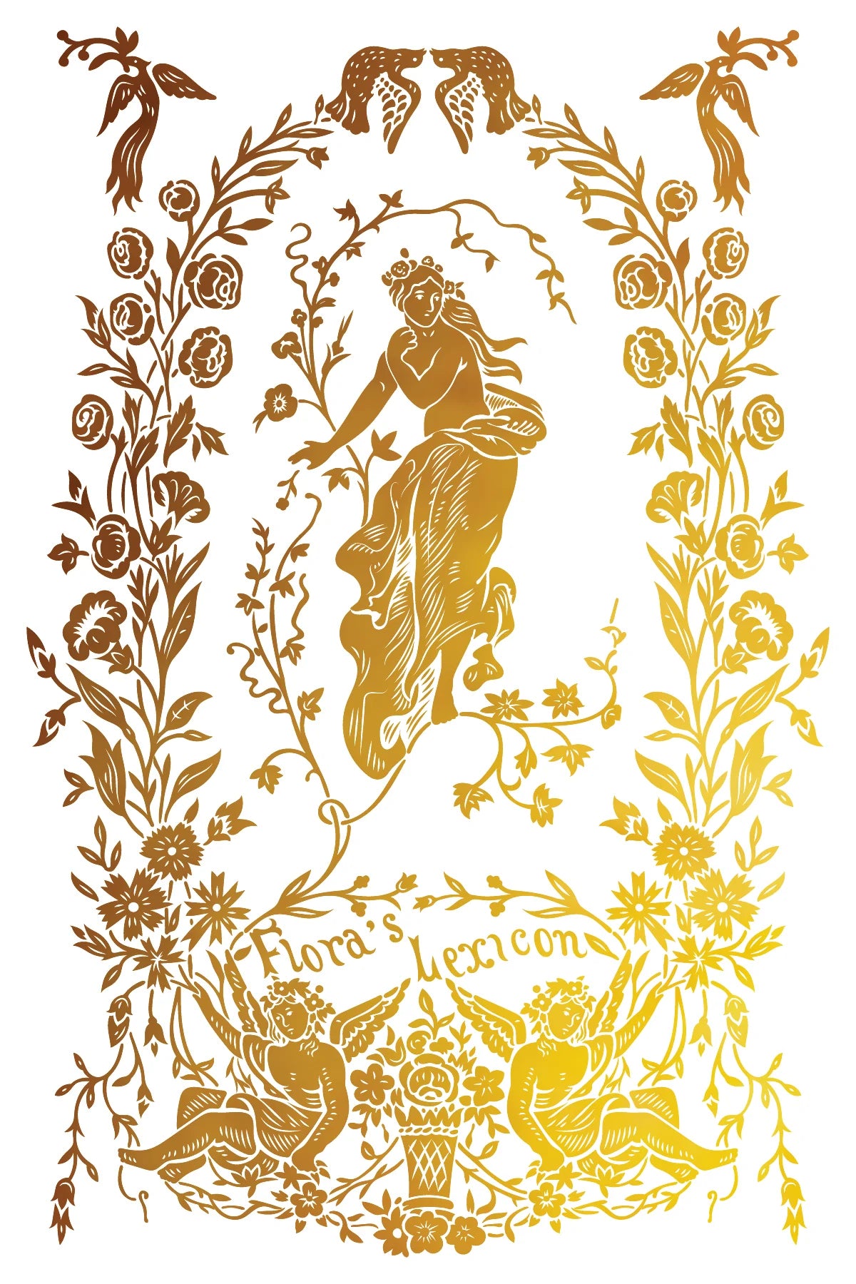 Gold transfer page with a central figure surrounded by floral elements and text on a white background.