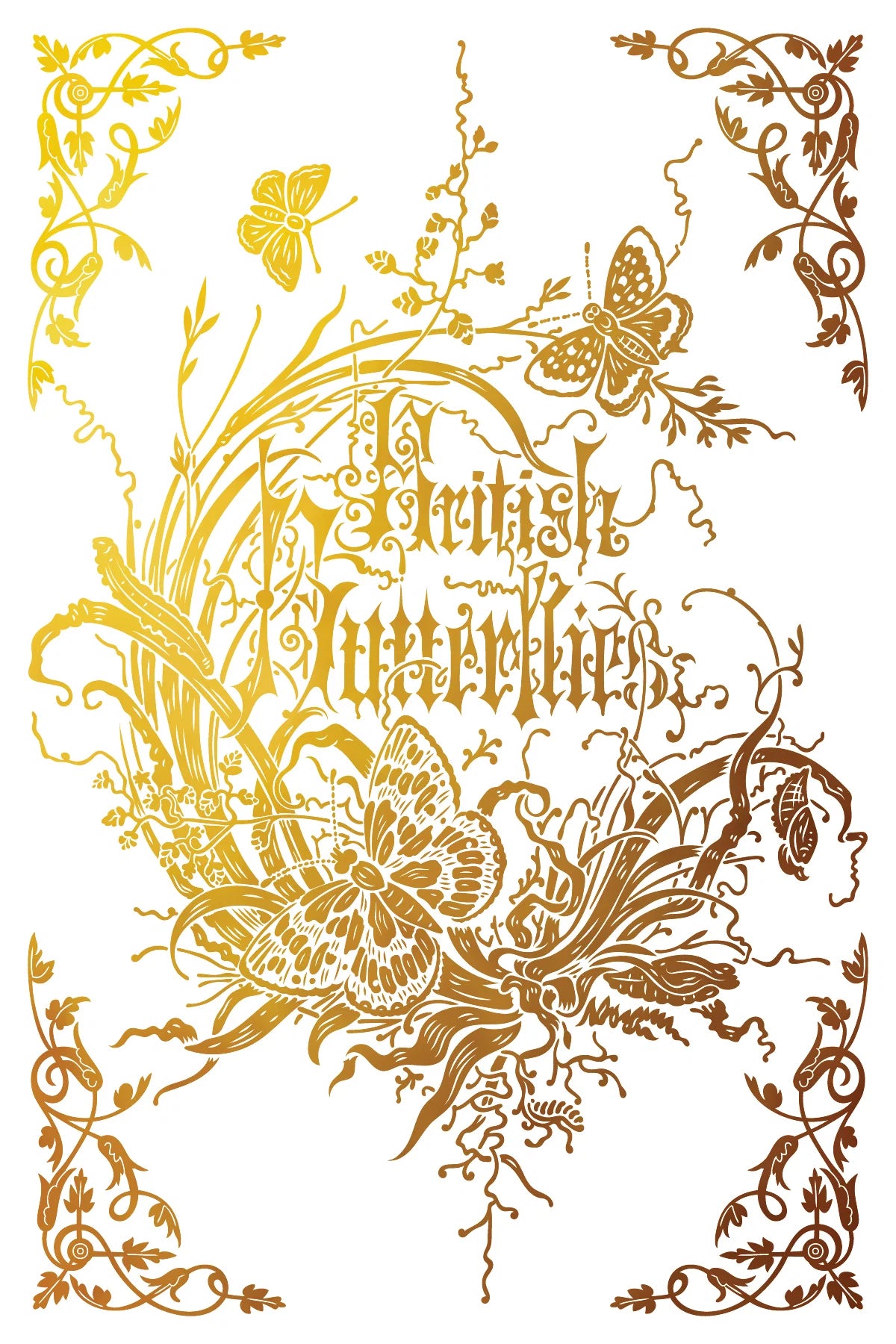 Gold transfer page of a book cover with butterflies and intricate designs on a white background