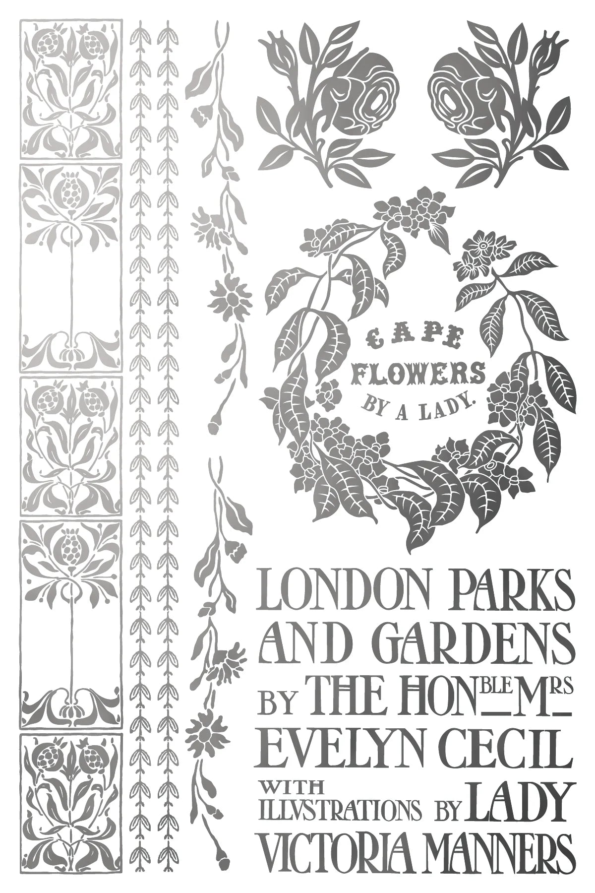 Silver foil transfer page featuring a book cover with floral designs and text about London parks and gardens.
