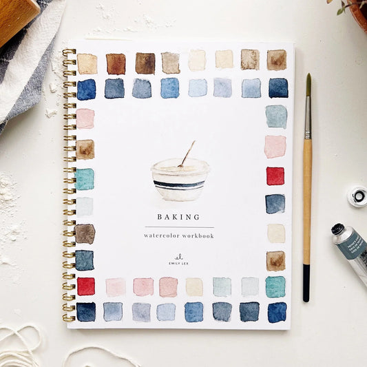 Front cover of a watercolor workbook by emily lex, with a mixing pot illustration and color swatches.