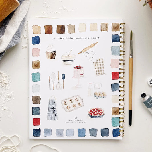 Back cover of an Emily Lex workbook previewing 10 different baking-inspired watercolor illustrations as well as the colors used.