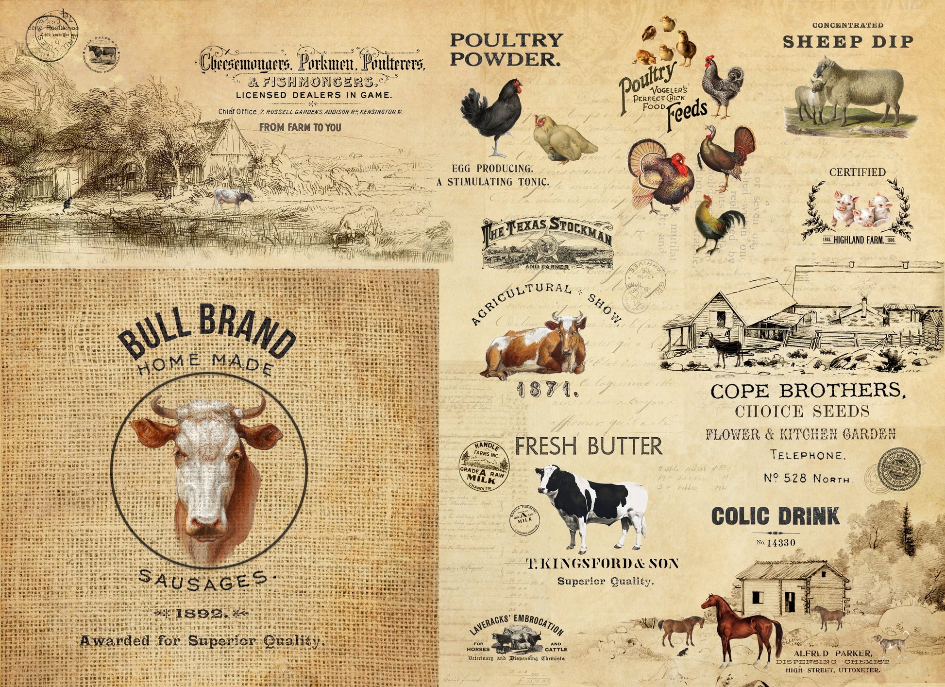 A sheet of Roycycled decoupage paper with farm animals and a farm in the background.