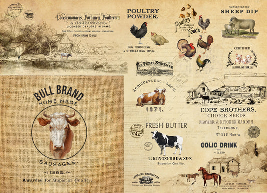 A sheet of Roycycled decoupage paper with farm animals and a farm in the background.