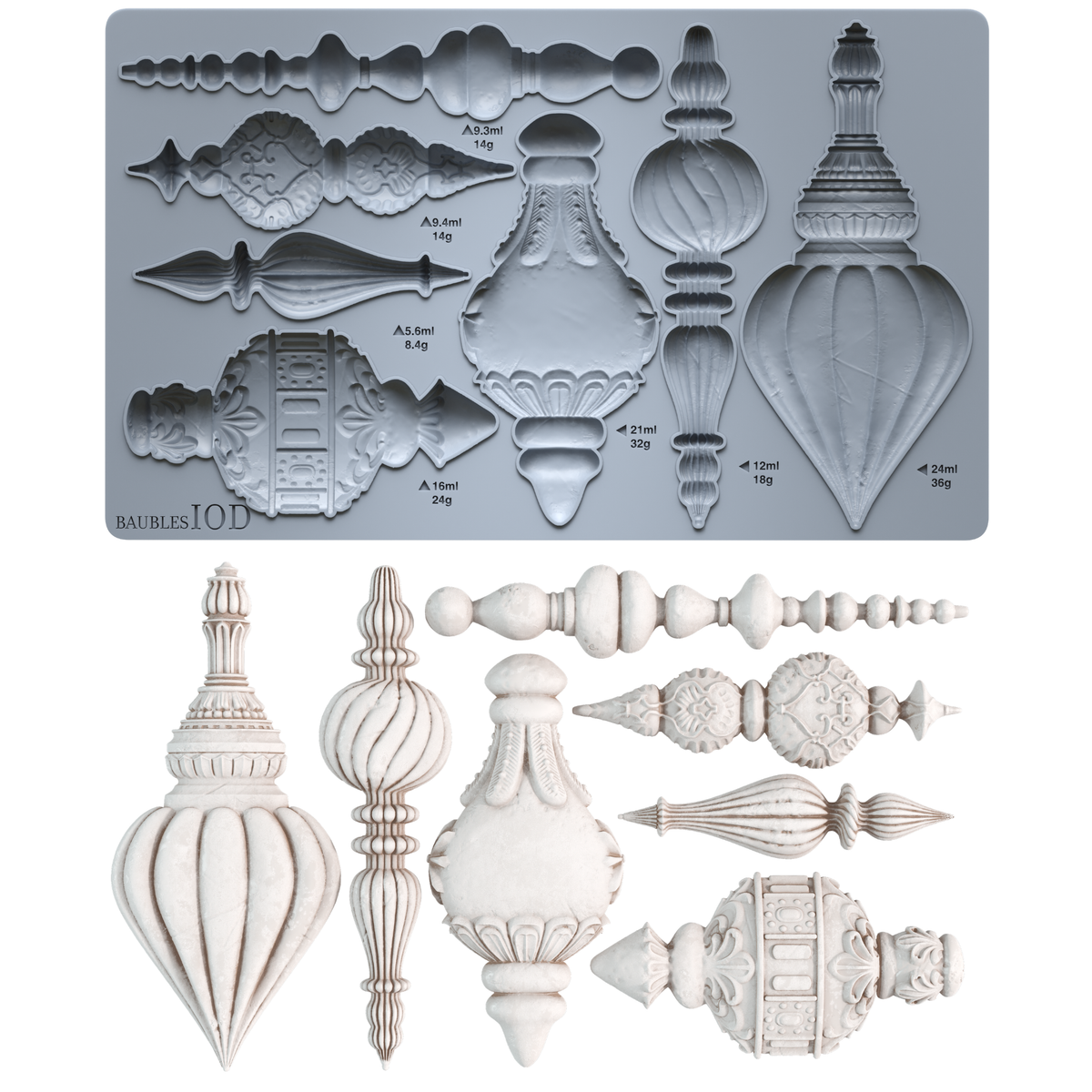A silicone mold tray at the top shows multiple ornate architectural ornament cavity designs with small printed measurements. Below the tray are the corresponding molded ornament pieces in an off-white/ivory finish, arranged on a plain white background.
