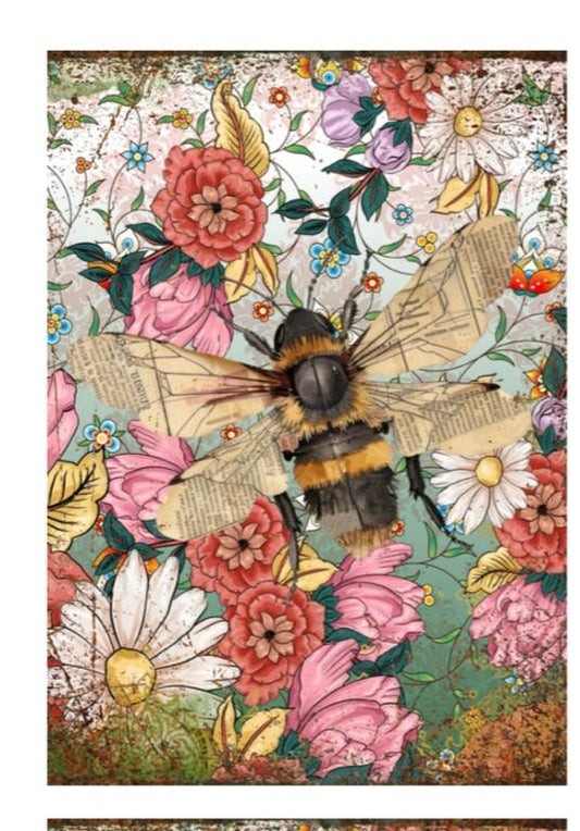 Decoupage paper showing Illustration of a bee surrounded by colorful flowers on a textured background