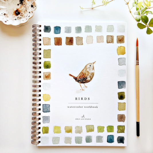 A watercolor workbook titled 'Birds' with a bird illustration on the cover, laid out with a pen and some paint chips.