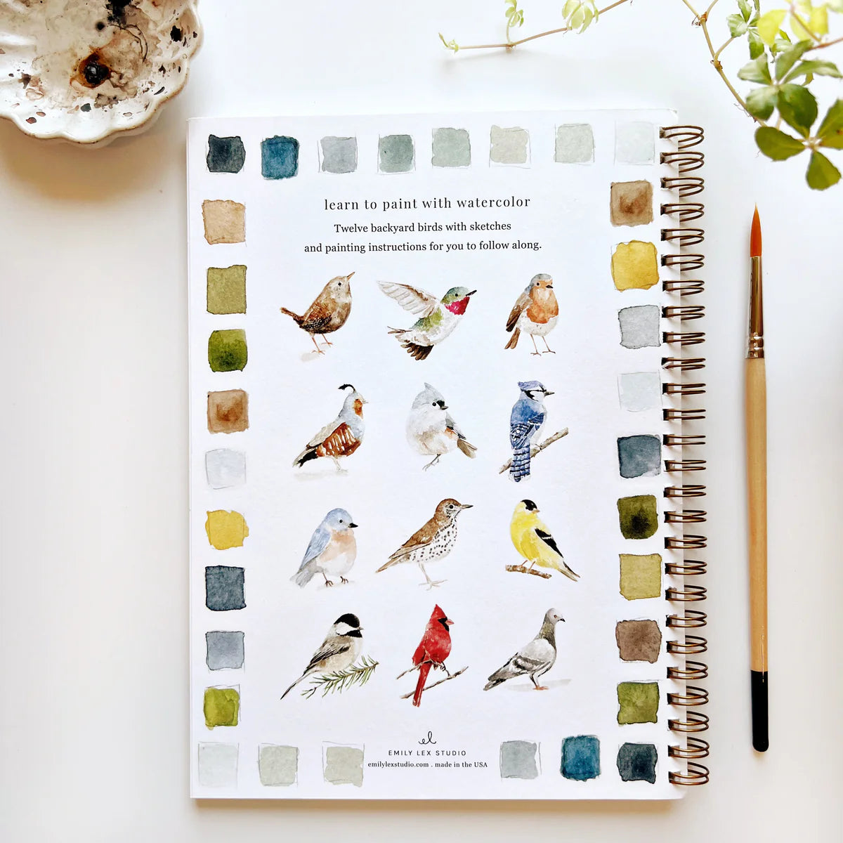 Back cover of a bird themed watercolor workbook from Emily Lex Studio, face down on a table with a paint brush next to it.