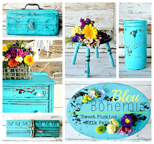 Collage of turquoise furniture and decor items with 'Bleu Bohemia' branding.