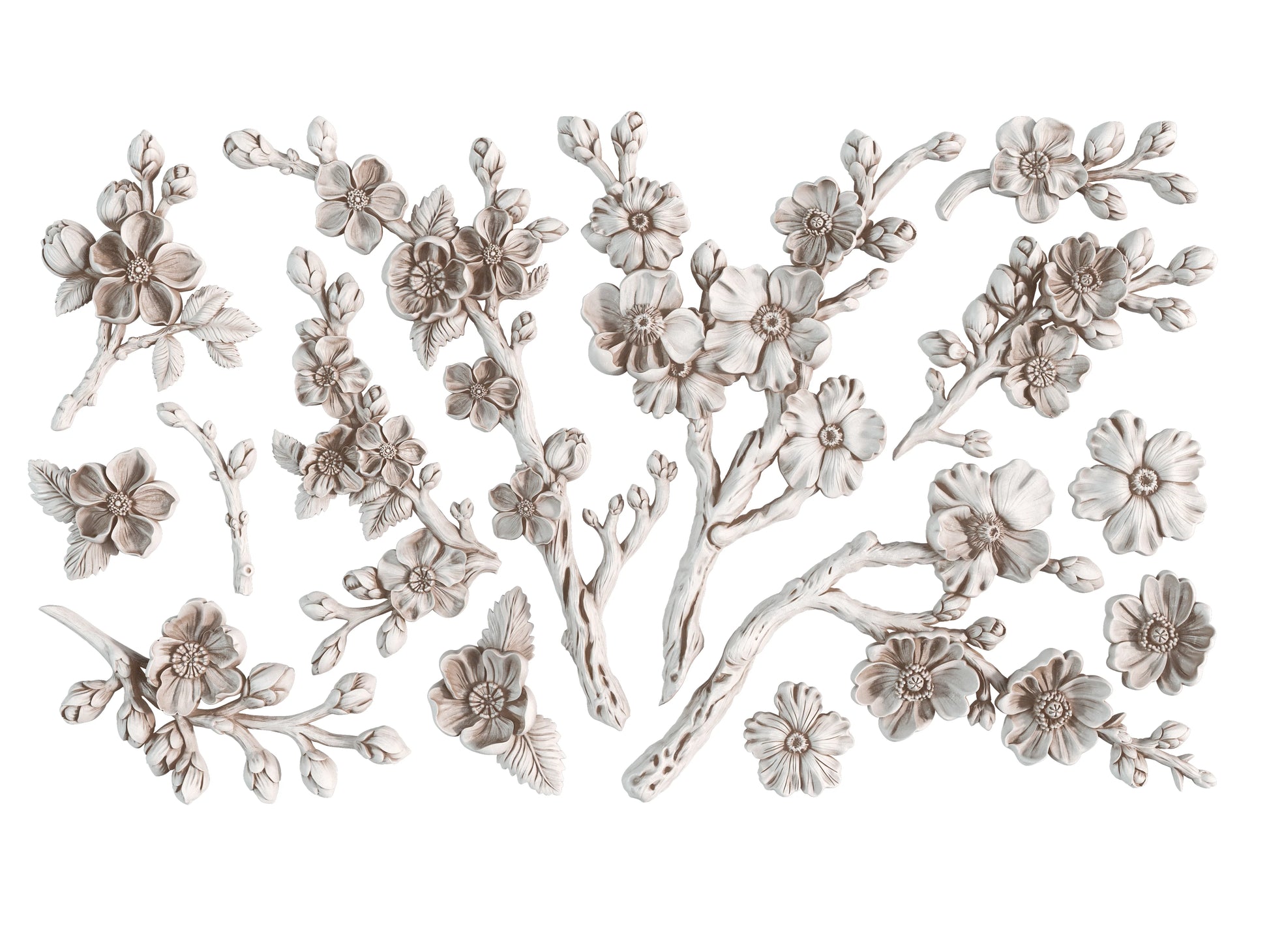 Clay castings of cherry blossoms from the 'Blossom IOD Mould'.