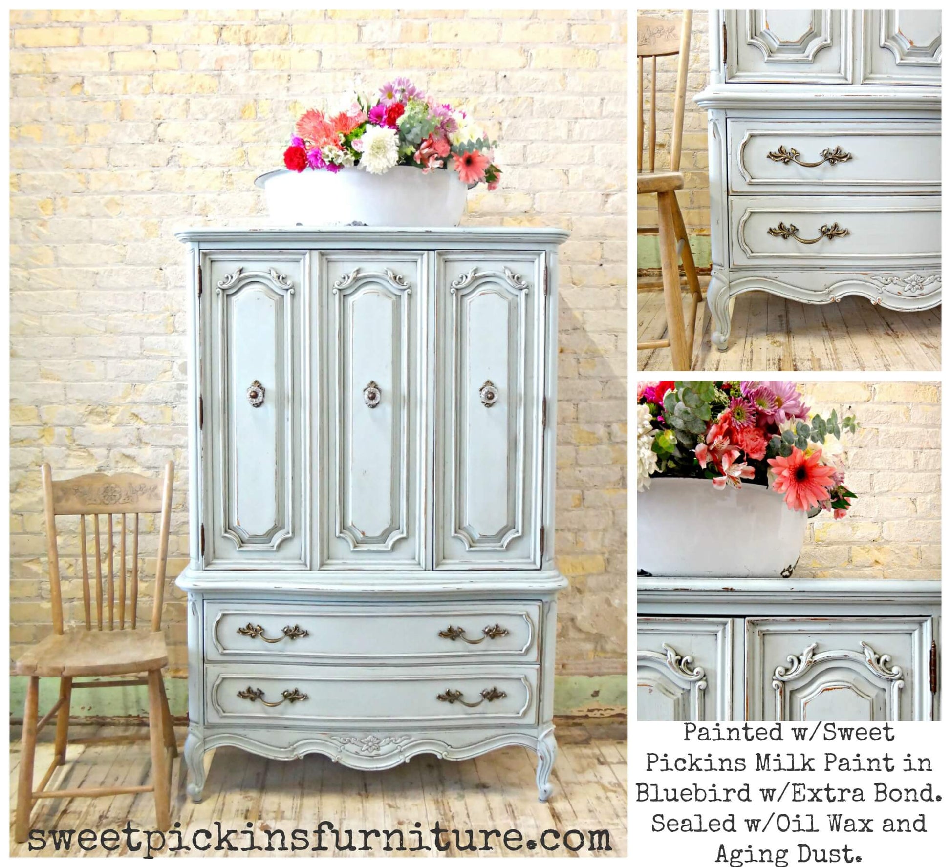 Collage of blue milk painted furniture with floral arrangements against a brick wall.