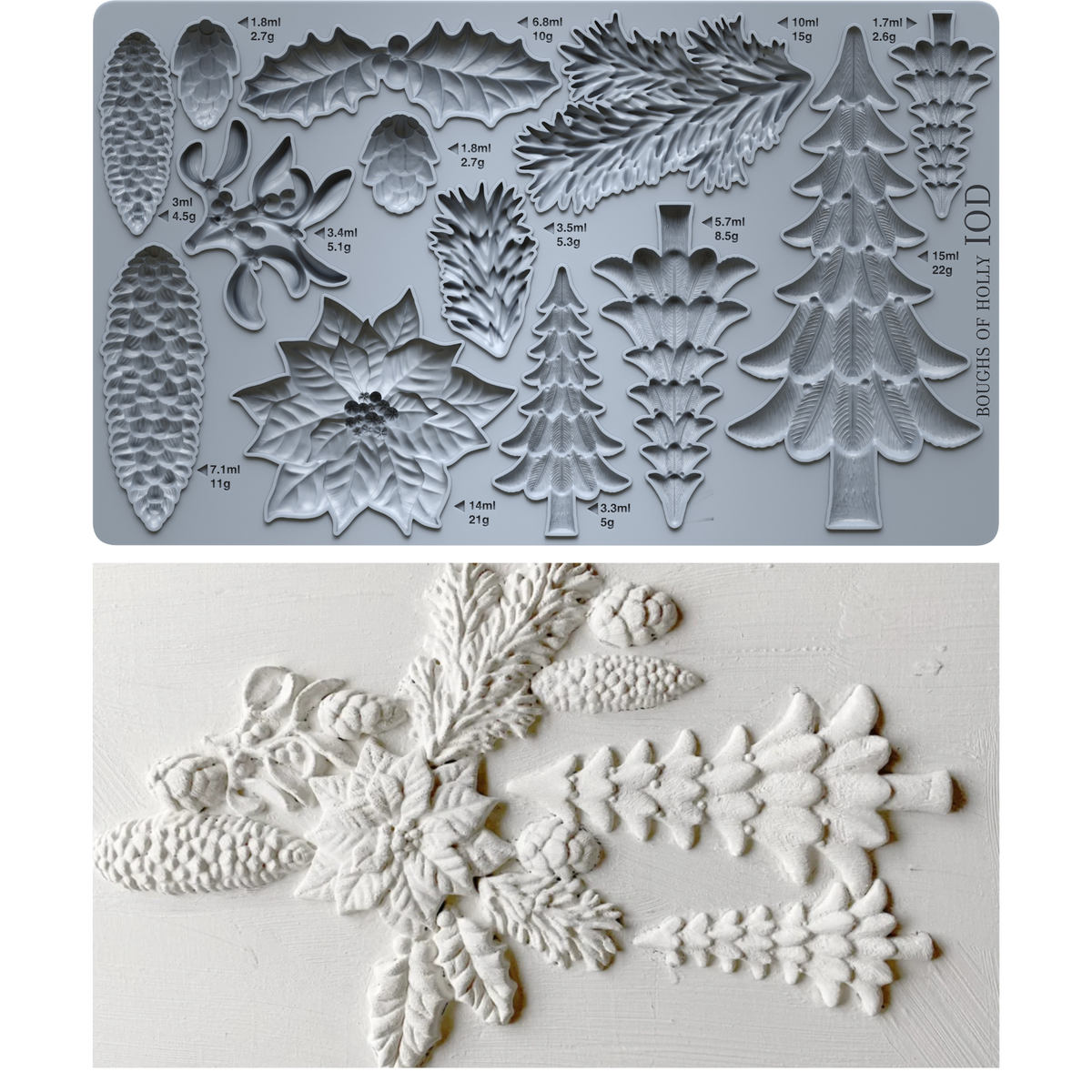A mold  with embossed Christmas tree, pinecone, holly, and floral shapes, shown above as a mold and with the corresponding castings.