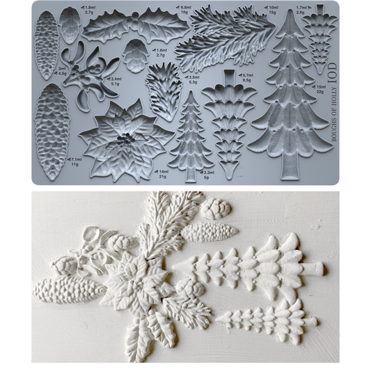 A mold  with embossed Christmas tree, pinecone, holly, and floral shapes, shown above as a mold and with the corresponding castings.