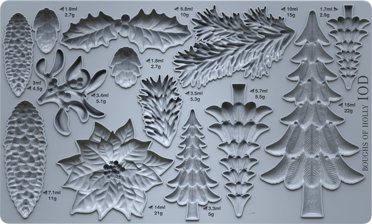 A gray silicone mold featuring multiple Christmas tree and foliage shapes, including pine trees, poinsettias, and pinecones, each labeled with weight measurements in grams and milliliters.