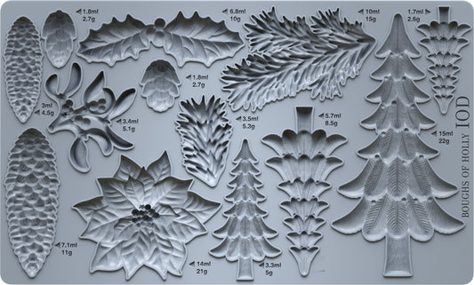 A gray silicone mold featuring multiple Christmas tree and foliage shapes, including pine trees, poinsettias, and pinecones, each labeled with weight measurements in grams and milliliters.