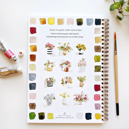 Back cover of an Emily Lex watercolor workbook with 12 example paintings of flower bouquets