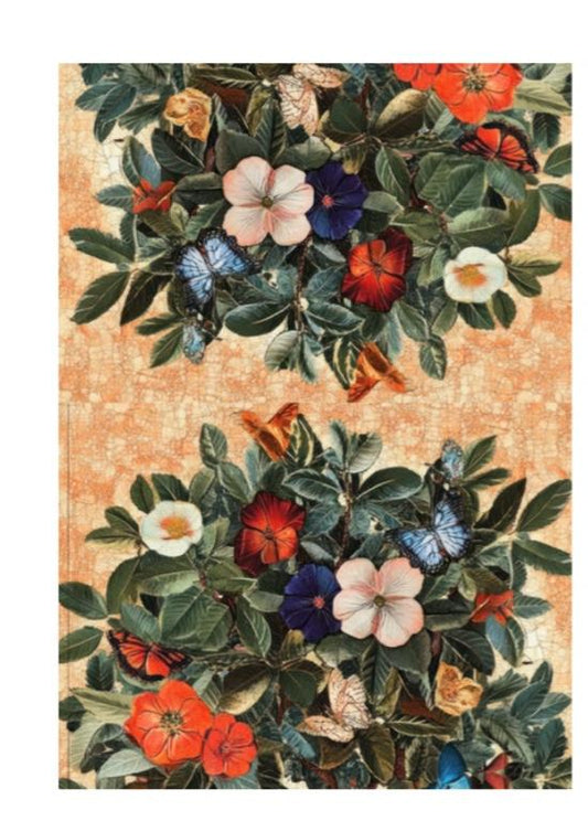 Decoupage paper of two flowering bushes with blue and monarch butterflies