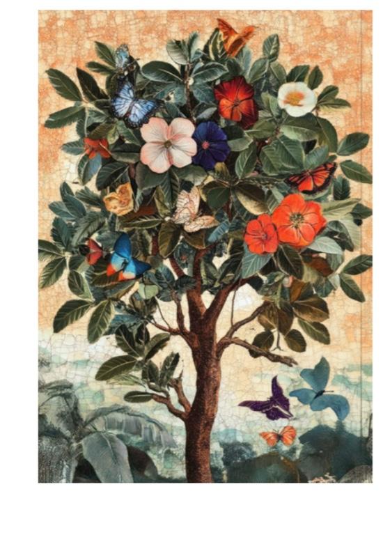 Decoupage Paper of a flowering tree surrounded by large butterflies