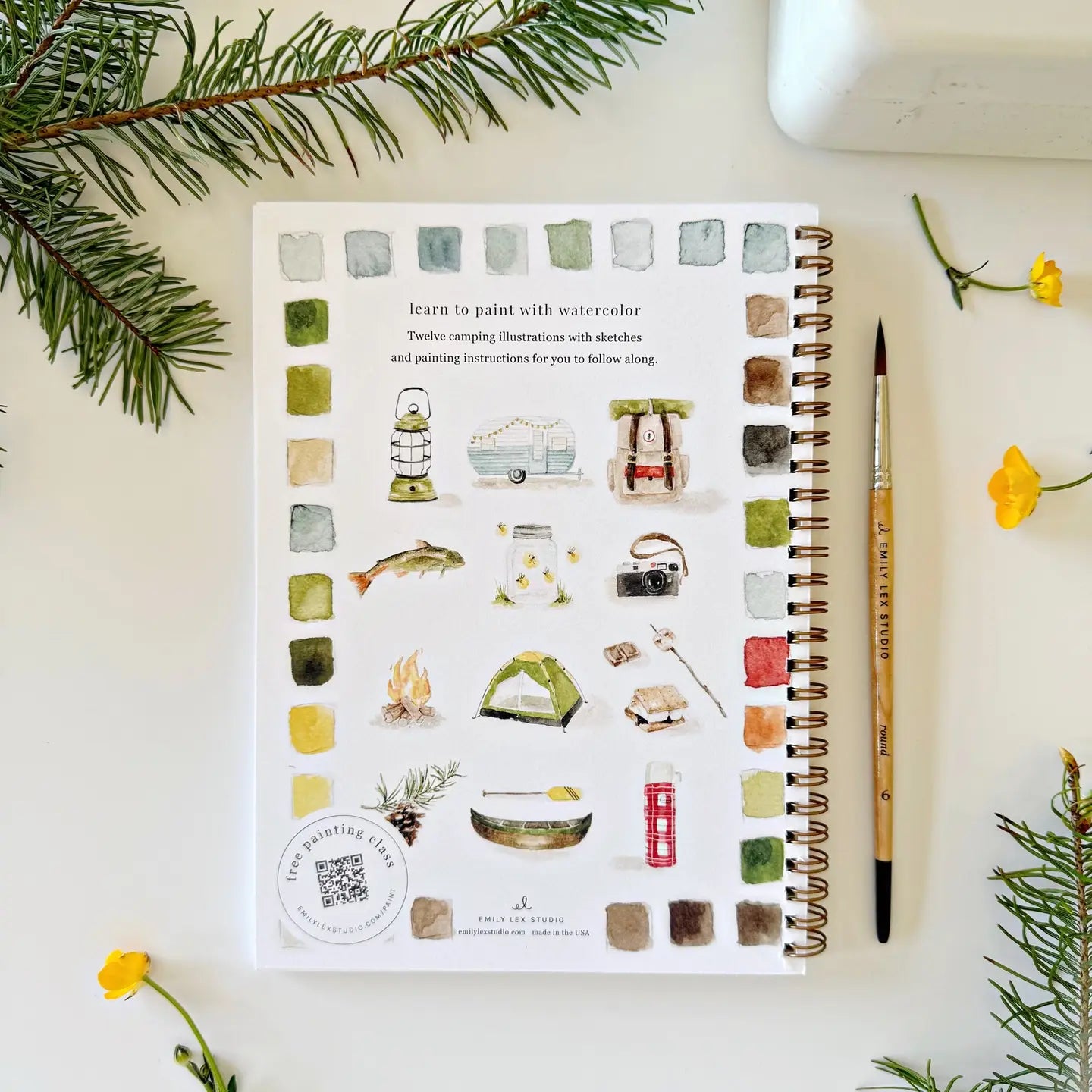 Back cover of Camping Watercolor Workbook showing 12 Emily Lex style illustrations.