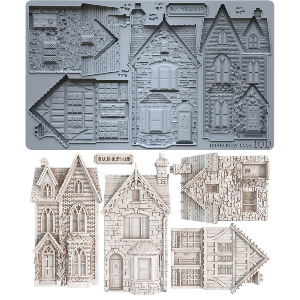A set of miniature Victorian house moulds and roof designs shown both as a mould and clay cast results. 