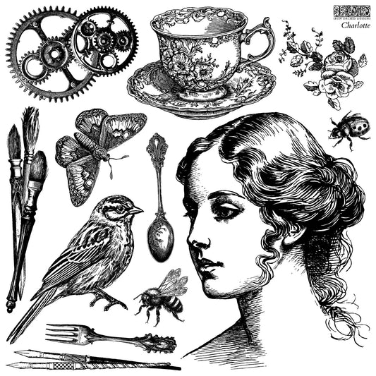 A collection of vintage-style Victorian stamps including a woman's face, a bird, a cup of tea, a butterfly, and various decorative elements like fronds and pastiche stamps, all part of the 'Charlotte' set by IOD.