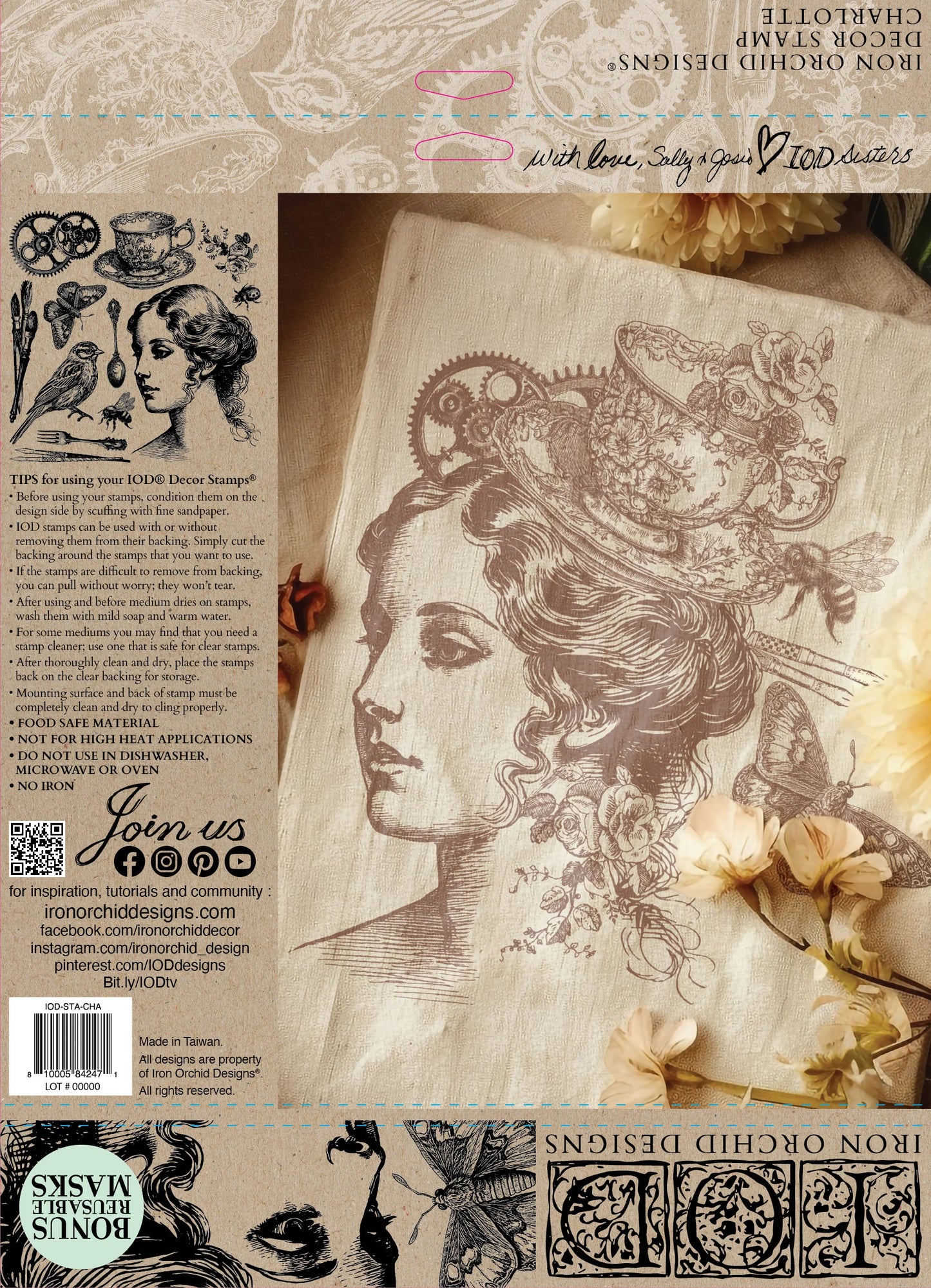 Back cover of the IOD stamp 'Charlotte' with an example project on wood and typed out stamping instructions.